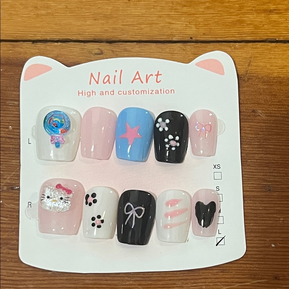 Cute Nail Art Set with Pink and Black Designs Size L